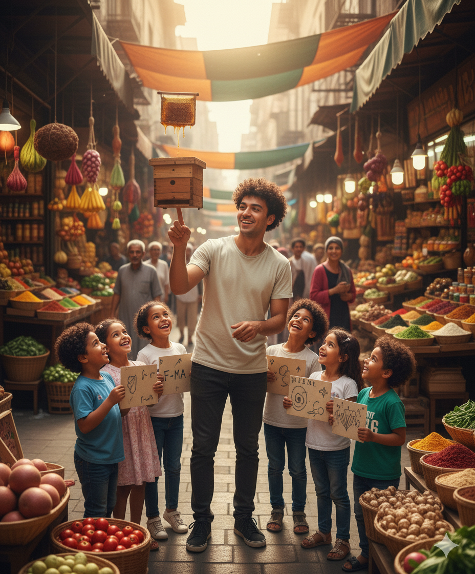 محسن در بازار با کندوی کوچک در دست